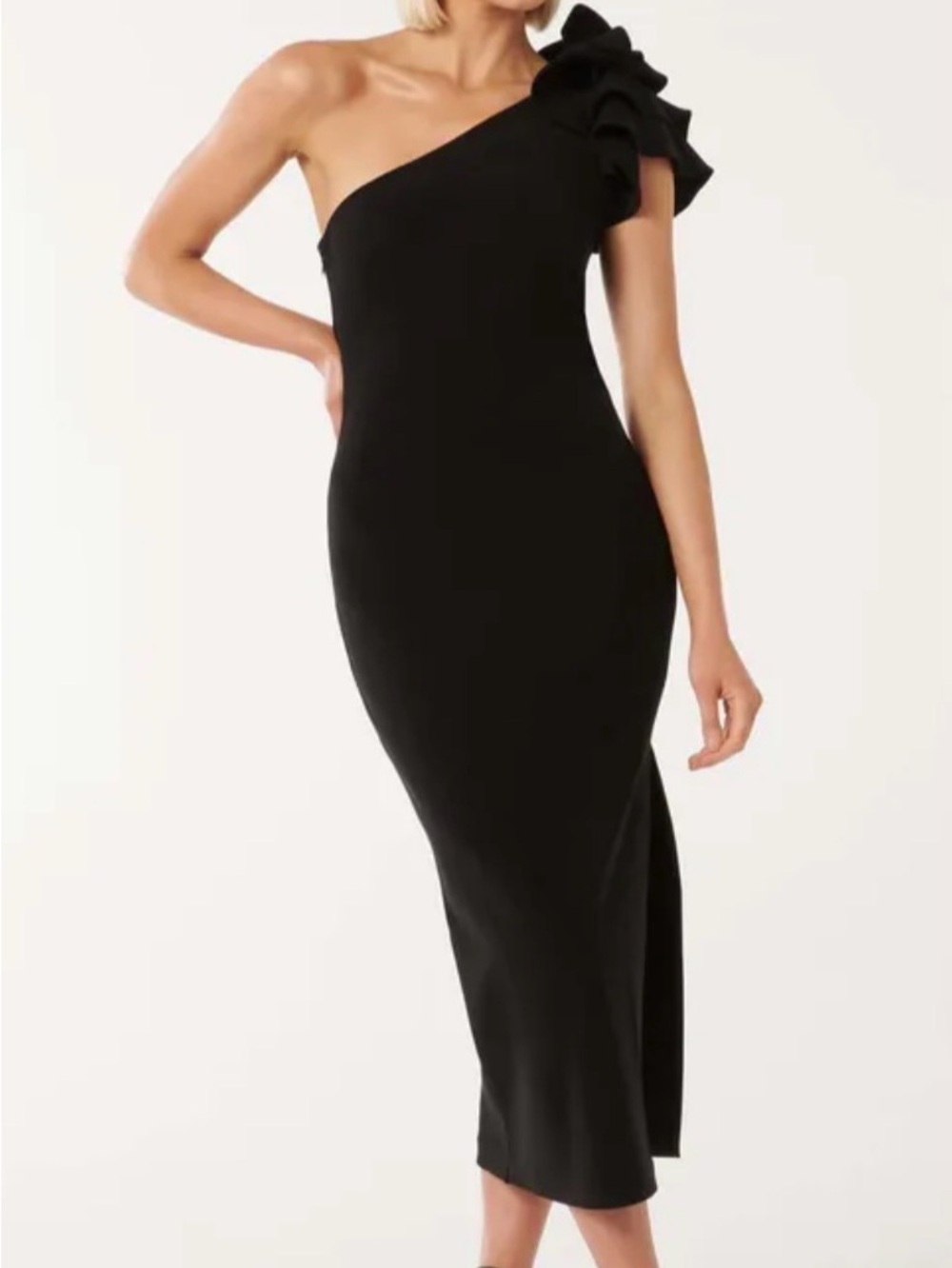 One-Shoulder Black Ruffle Midi Dress